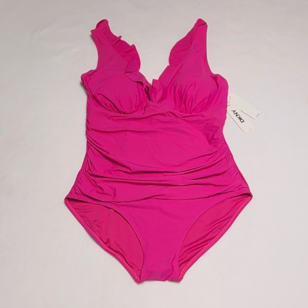 DKNY Women's Fuchsia Pink Ruffle V-Neck Ruched Underwire One Piece Swimsuit XXL